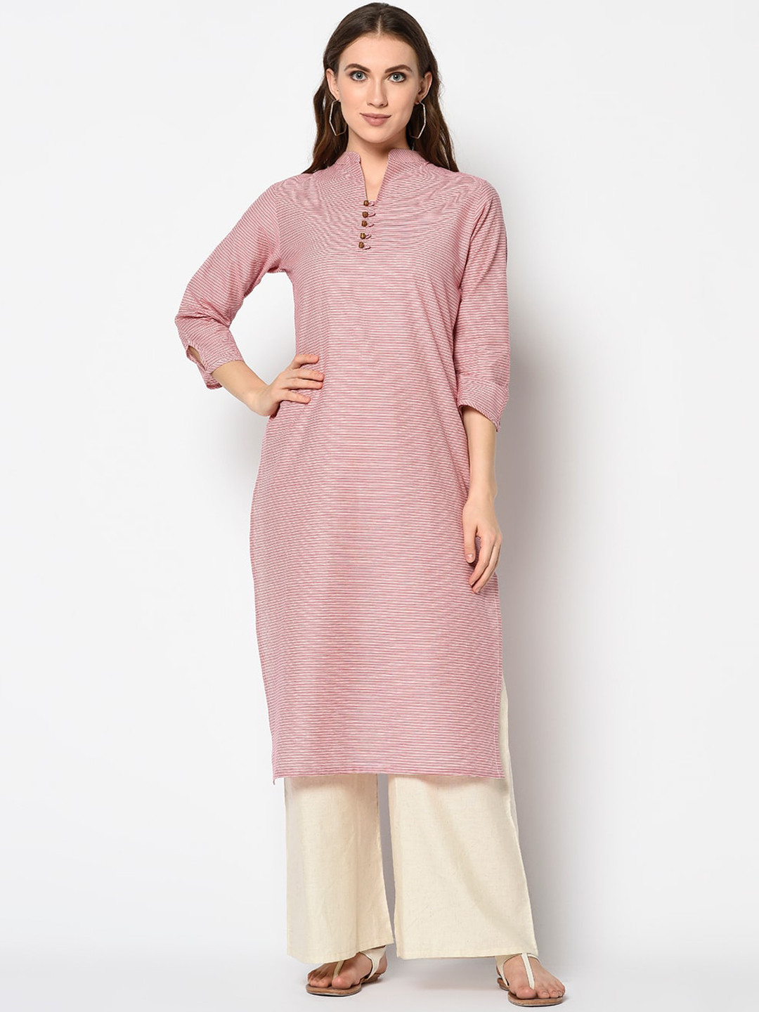 

Kvsfab Women Pink Woven Design Straight Kurta