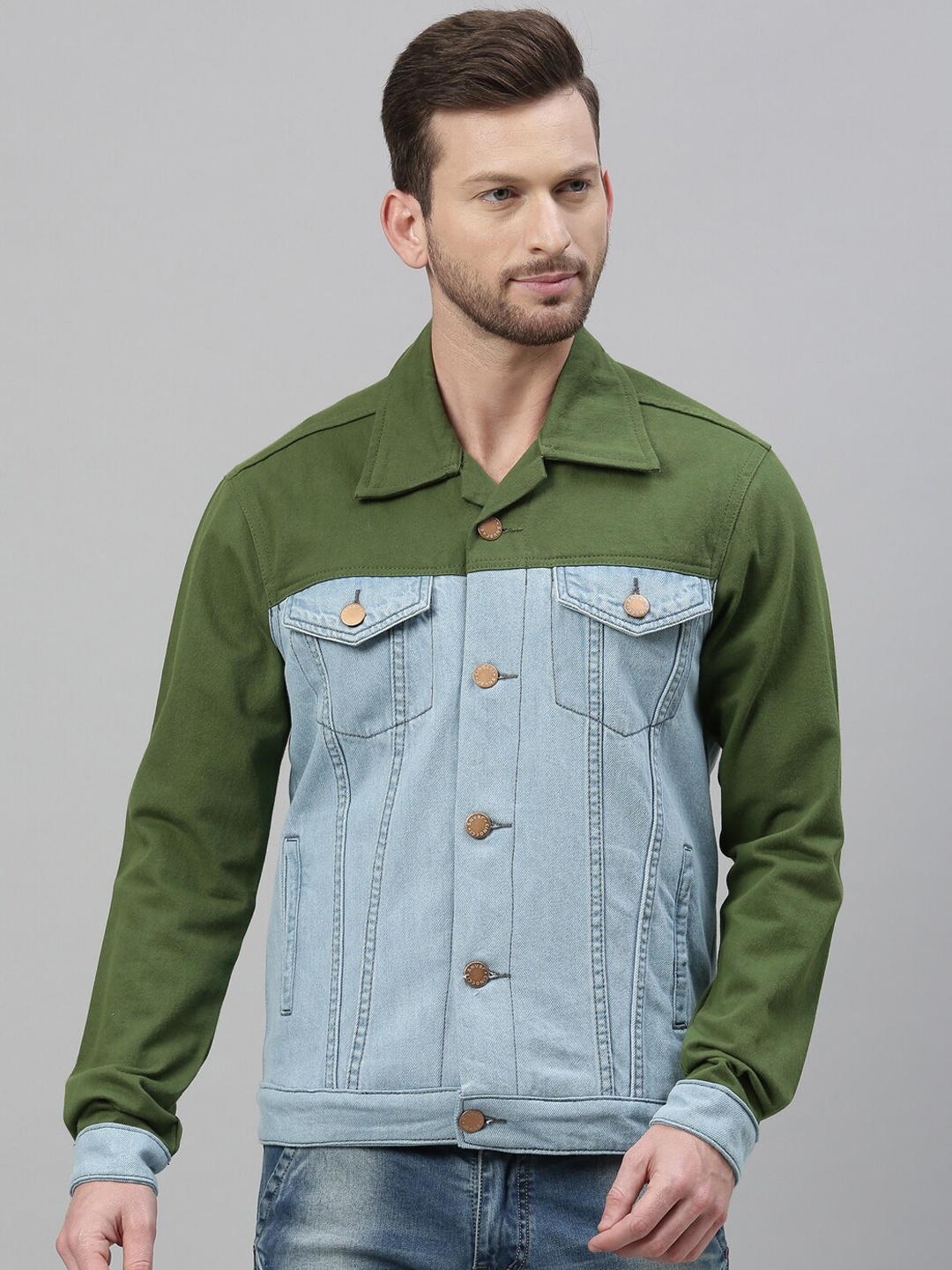 

CINOCCI Men Blue & Green Colourblocked Denim Jacket