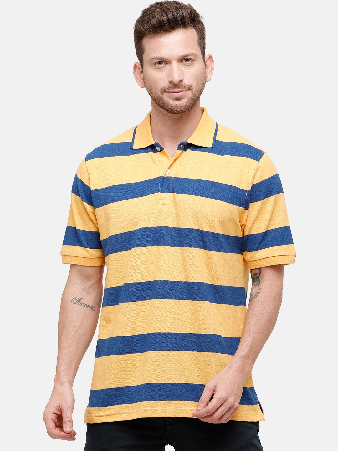 

CAVALLO by Linen Club Men Yellow Striped Polo Collar Linen Cotton T-shirt