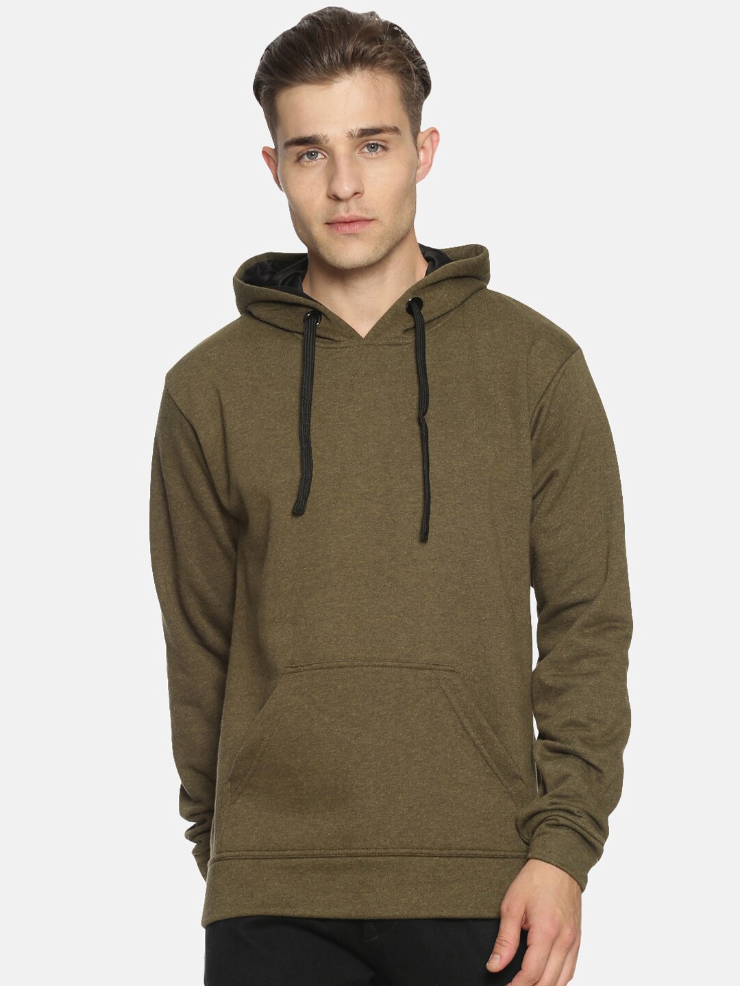 

Campus Sutra Men Olive Green Solid Hooded Sweatshirt