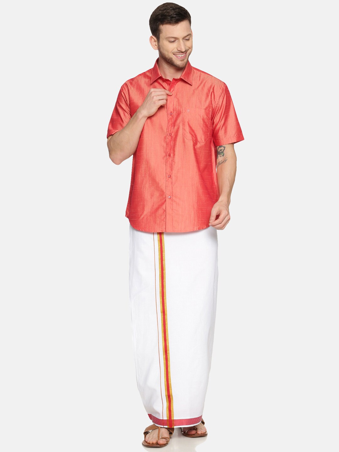 

Ramraj Men Coral Half Sleeve Solid Cotton Blend Shirt & Dhoti Set