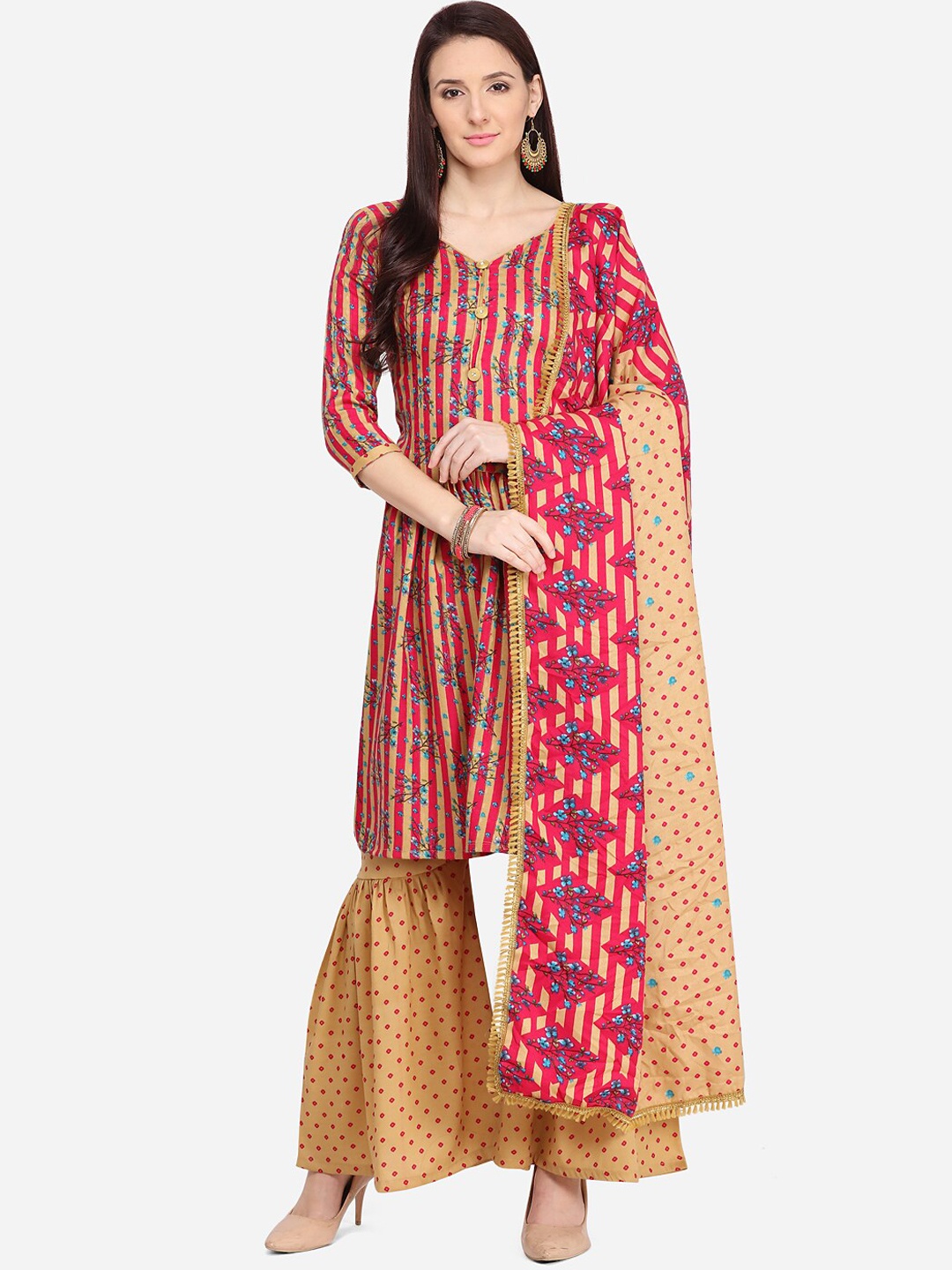 

SHAVYA Pink & Beige Pure Cotton Unstitched Dress Material