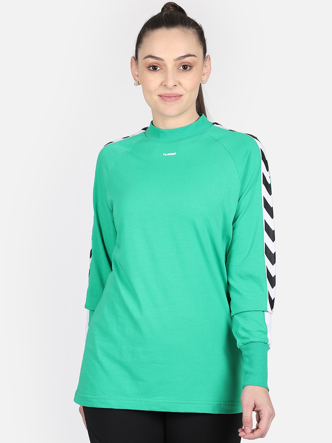 

hummel Women Green Solid High Neck T-shirt