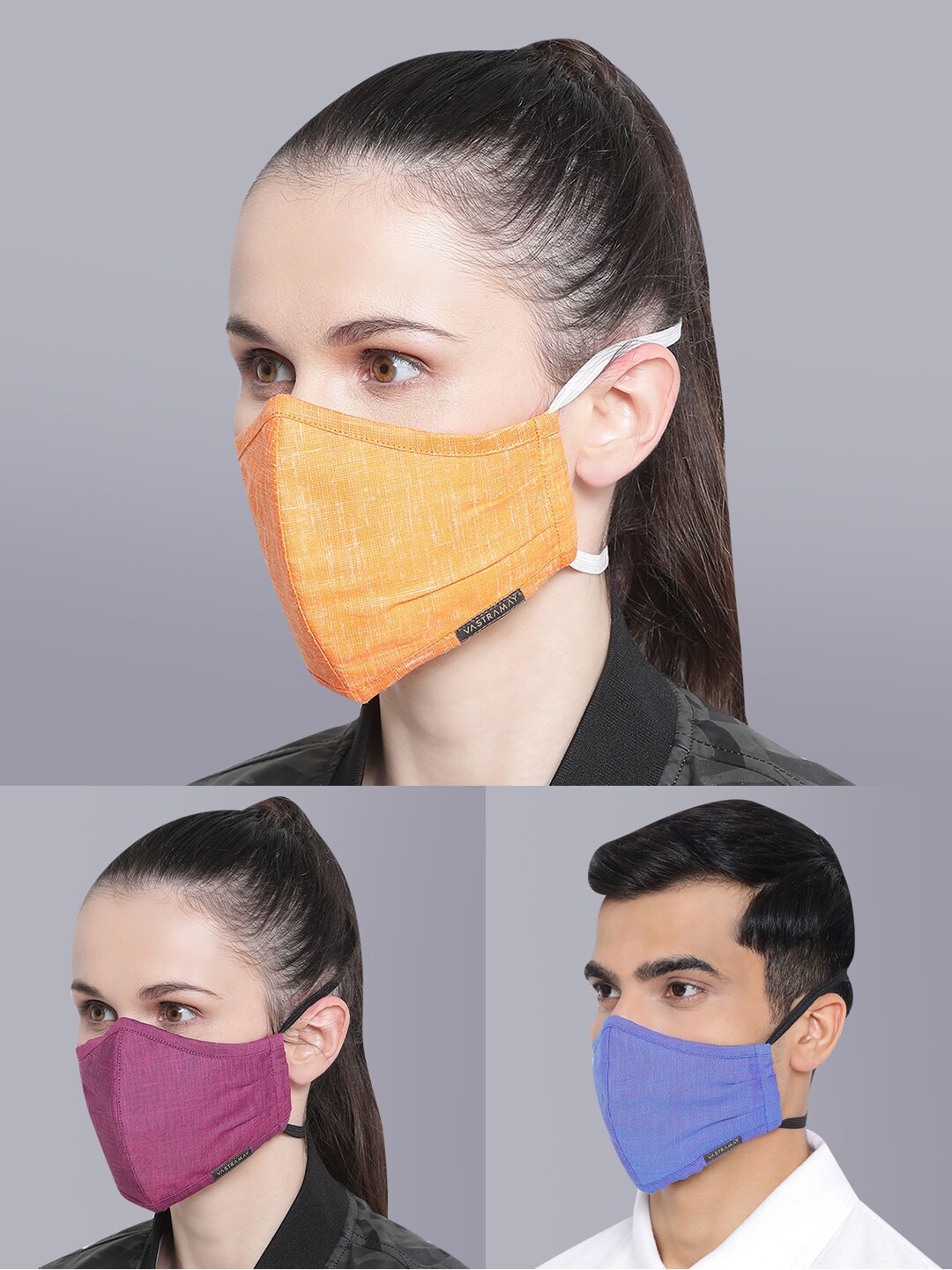 

VASTRAMAY Unisex Pack Of 3 Solid Reusable 3-Ply Cloth Masks, Blue