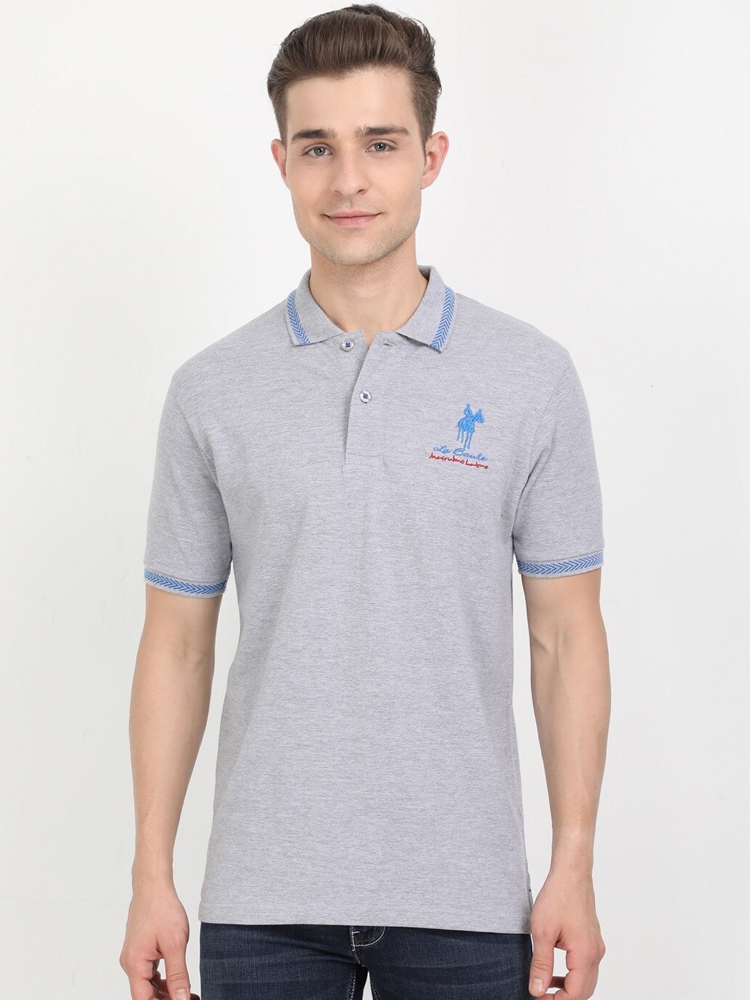 

Masculino Latino Men Grey Melange Printed Polo Collar T-shirt
