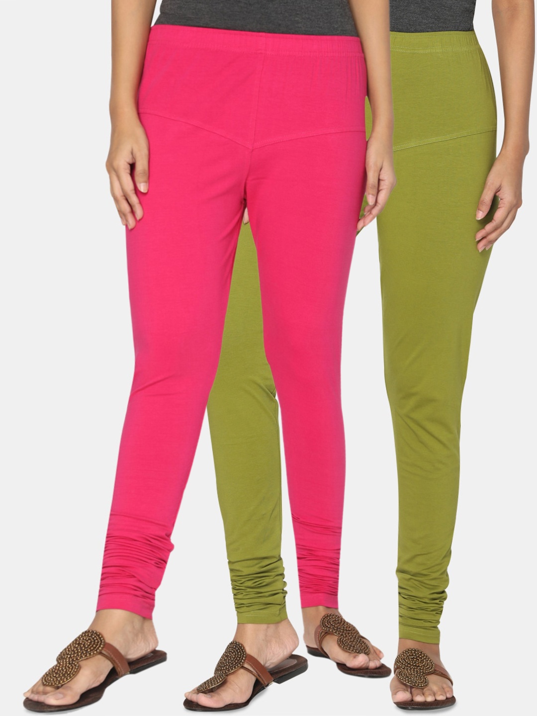 Women Pack of RANI And OLIVE GREEN Churidar Leggings, Pink