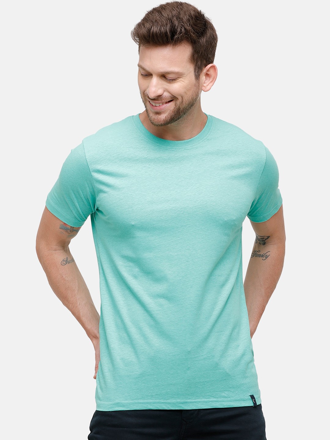 

CAVALLO by Linen Club Men Sea Green Linen Cotton Solid Round Neck T-shirt