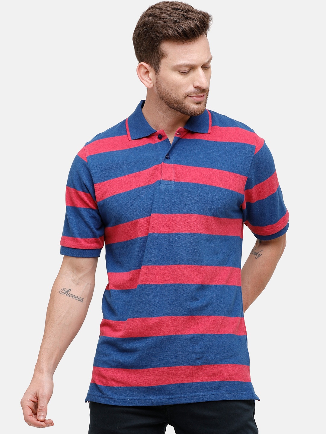 CAVALLO by Linen Club Men Blue & Red Striped Linen Cotton Polo Collar T-shirt