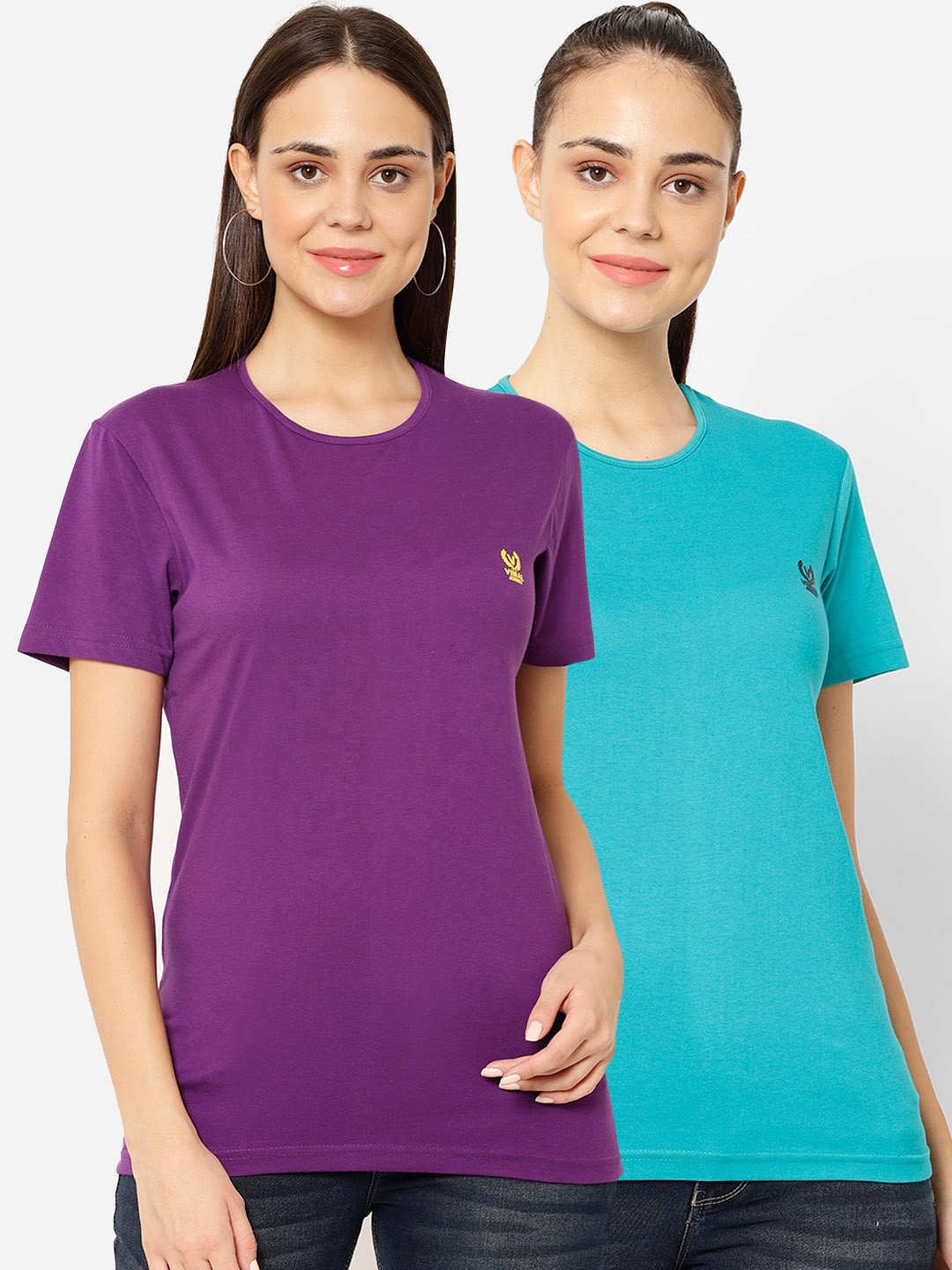MACK JONNEY Women Pack of 2 Solid Round Neck T-shirt, Purple