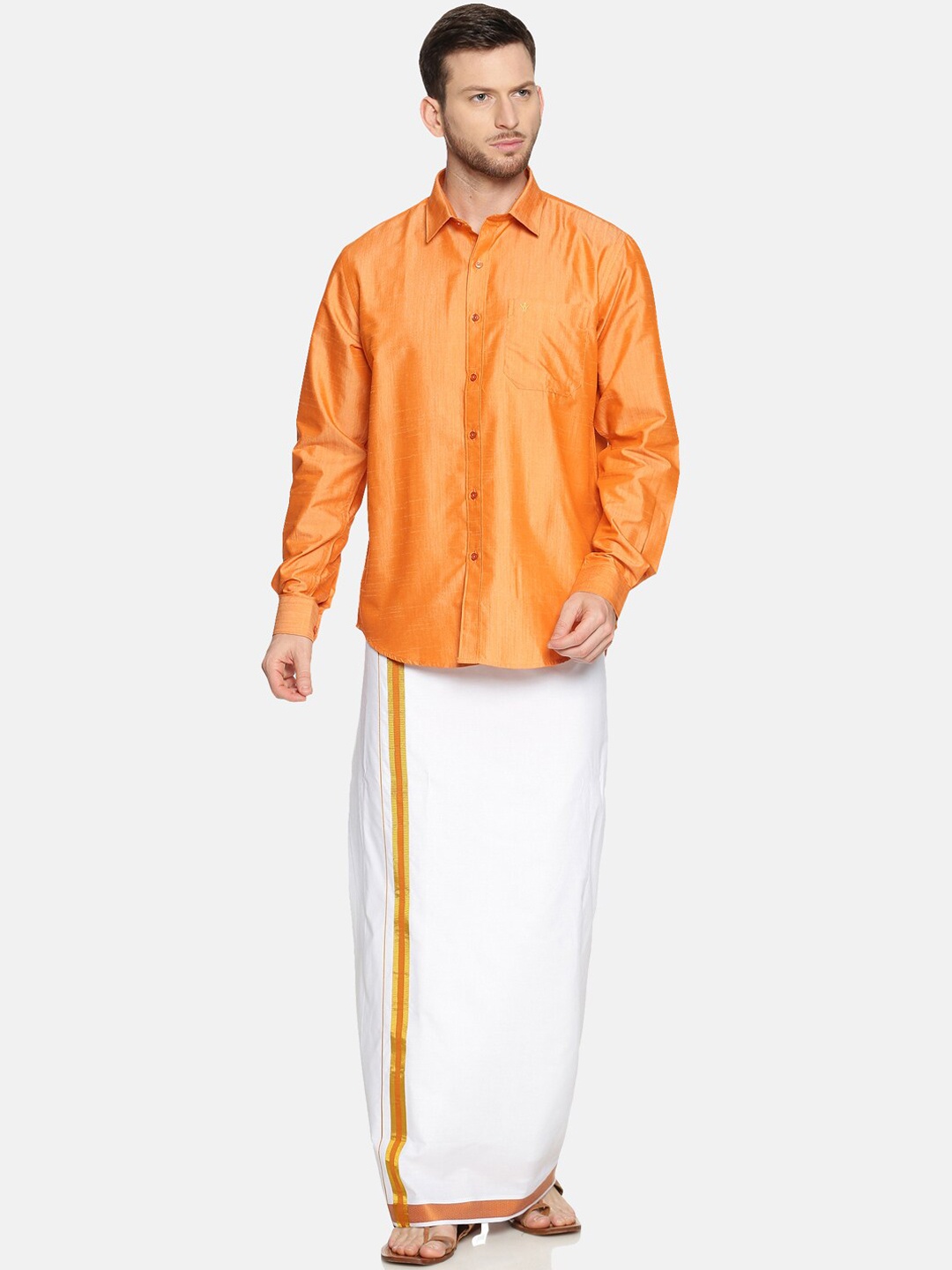 

Ramraj Men Orange Solid Cotton Blend Shirt & Dhoti Set