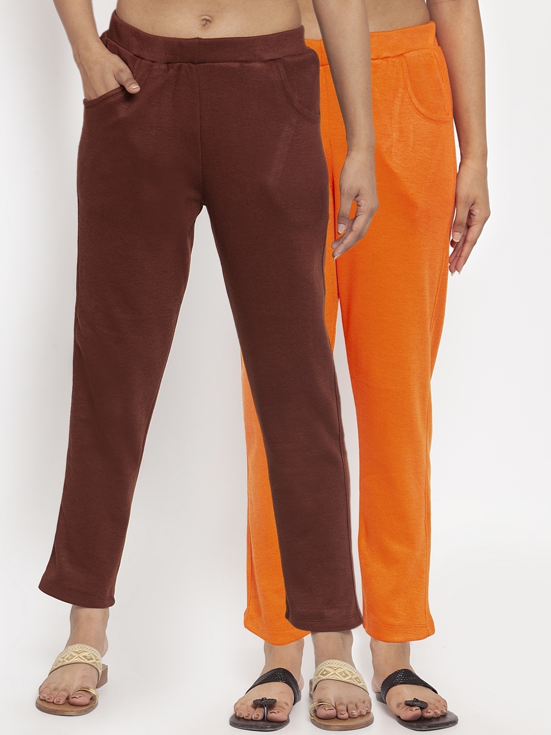 

TAG 7 Women Acrylic Set of 2 Regular Fit Solid Cigarette Trousers, Brown