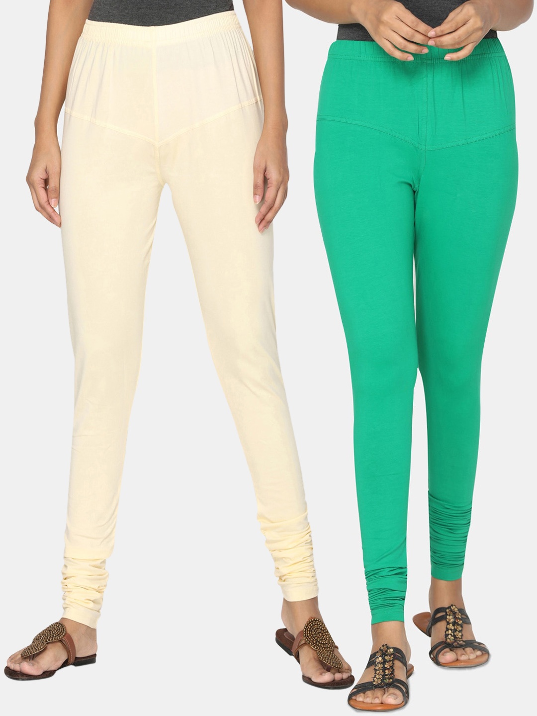 TSG Bliss Women Pack of 2 Bio Wash Churidar Leggings, Cream