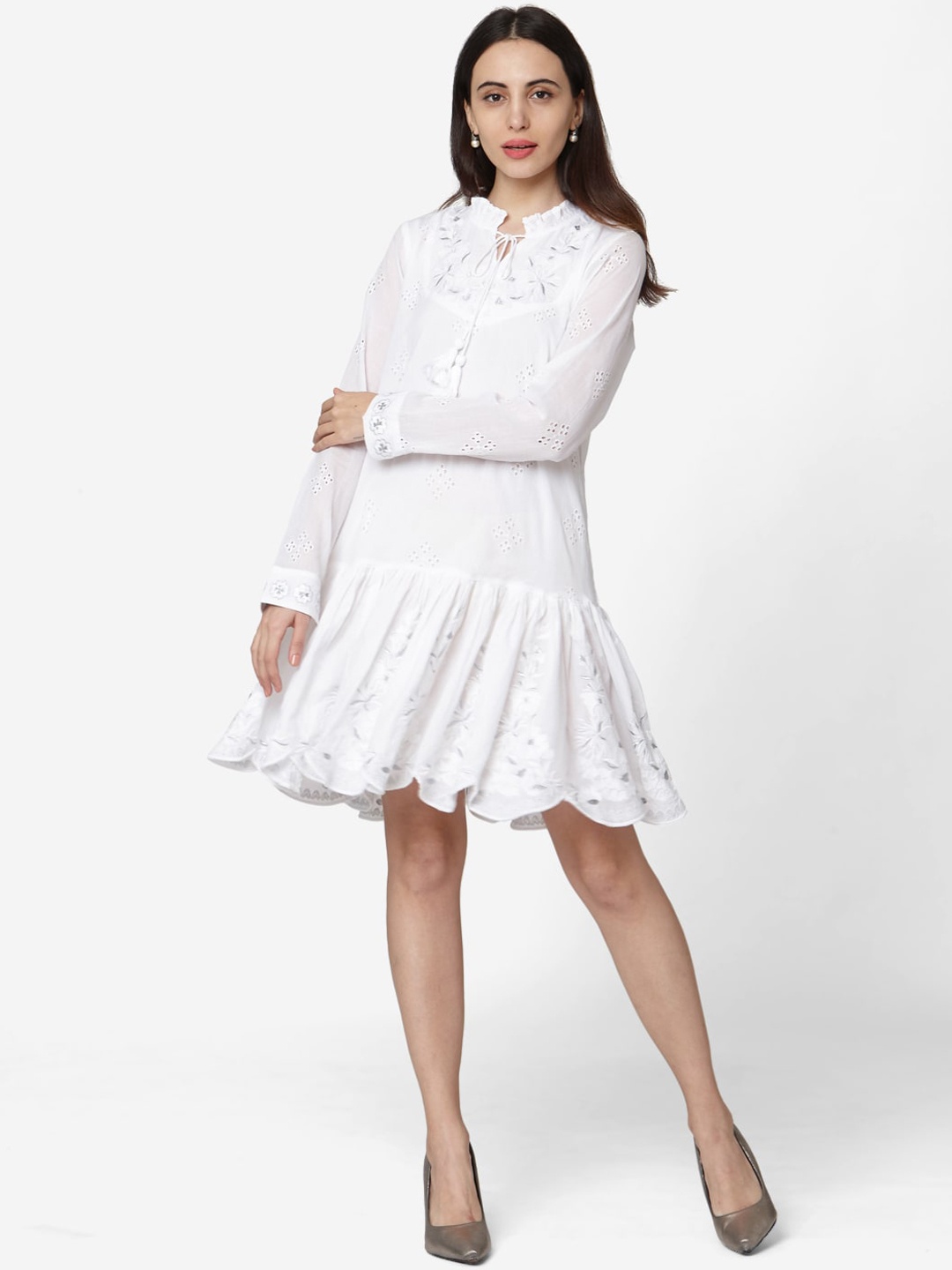 

Saanjh Women White Embroidered Drop-Waist Dress