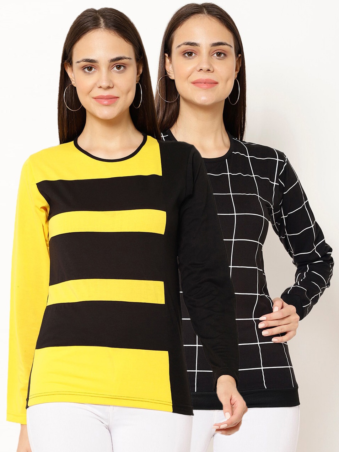 

VIMAL JONNEY Women Pack Of 2 Checked Round Neck T-shirt, Multi