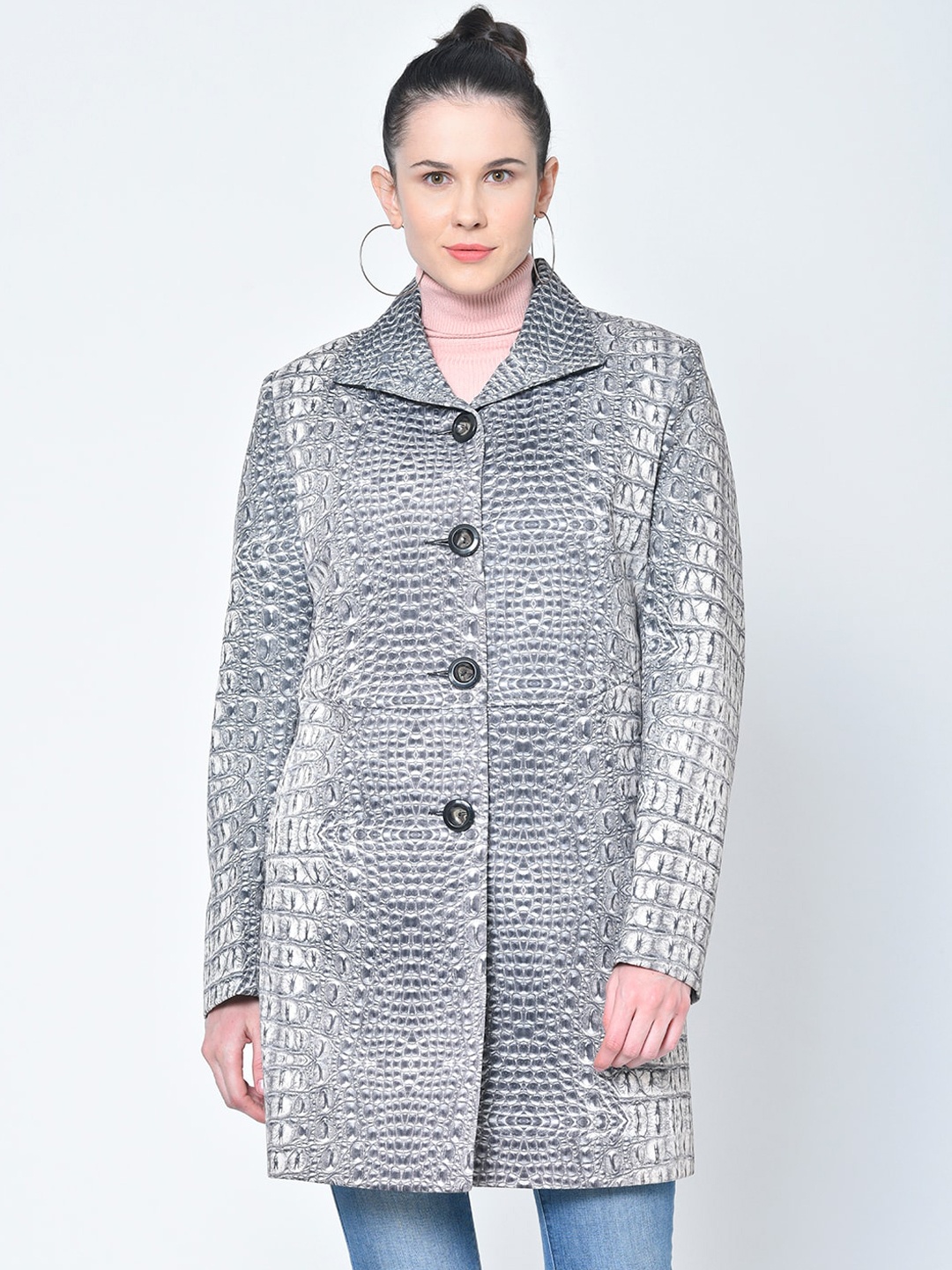 

Chkokko Women White & Black Printed Woolen Longline Overcoat