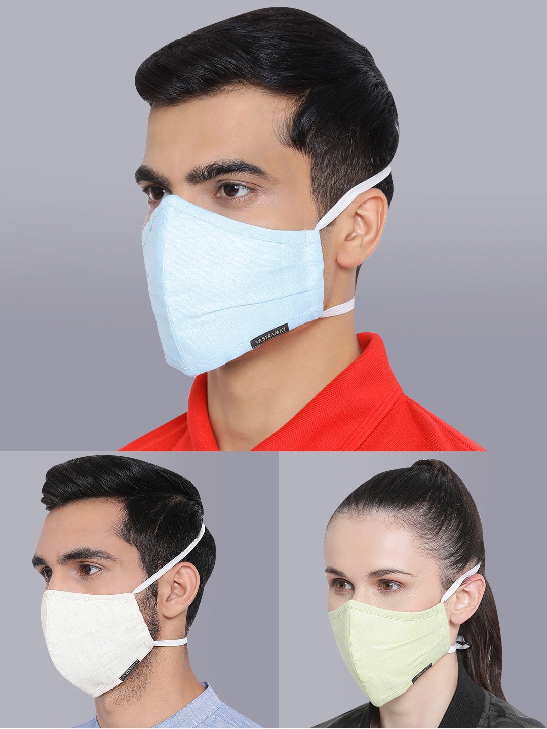 

VASTRAMAY Unisex Pack Of 3 Solid Reusable 3-Ply Cloth Masks, Blue