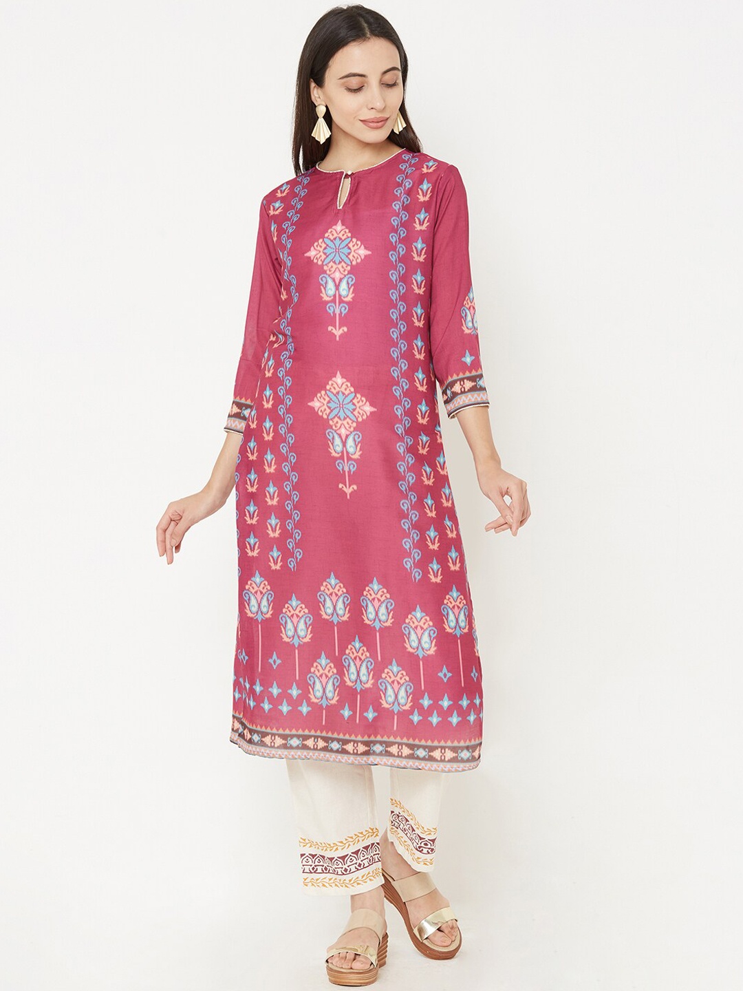 

FASHOR Women Pink & Blue Printed Straight Kurta