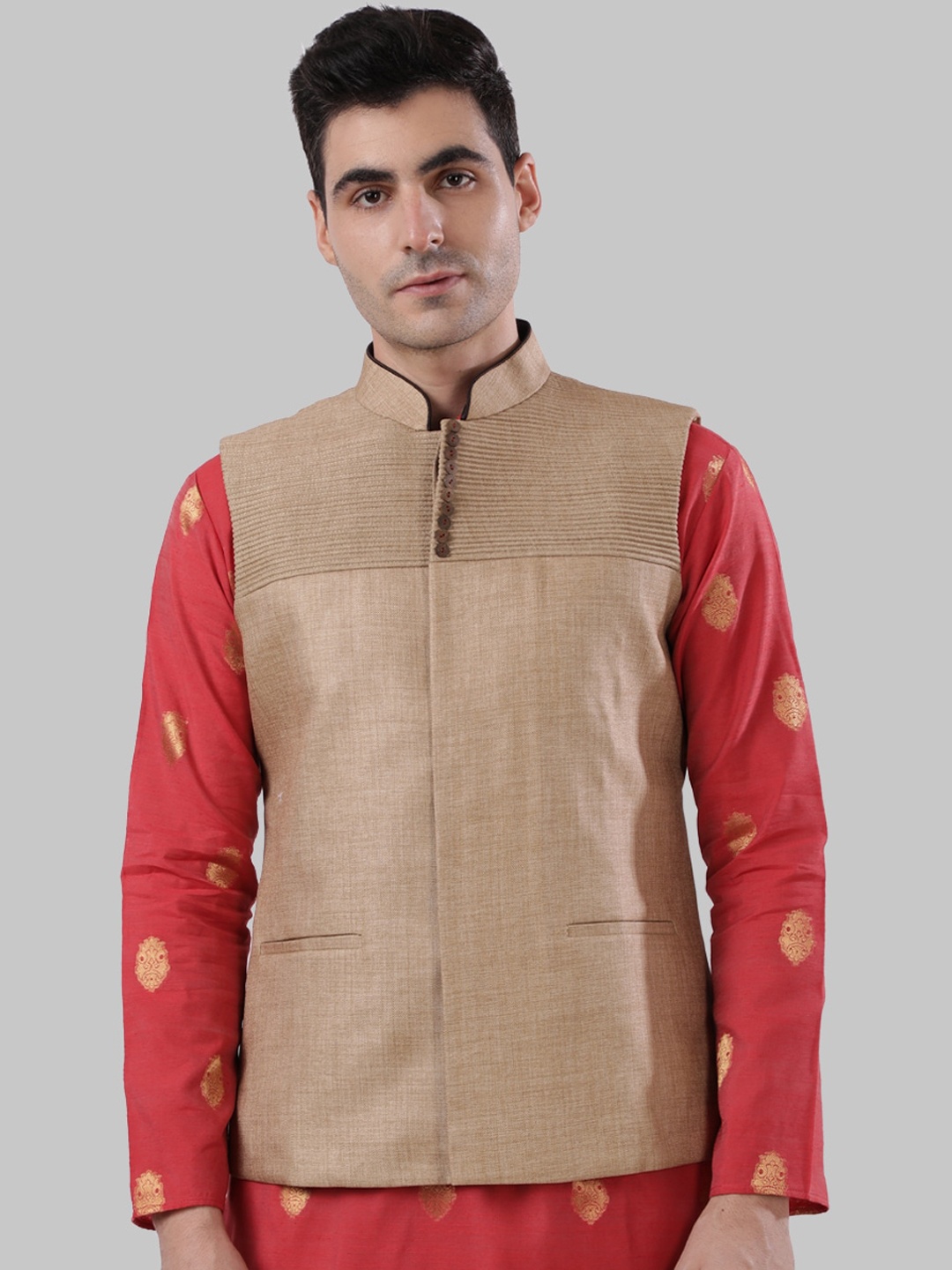 

Ethnix by Raymond Men Beige Solid Nehru Jacket
