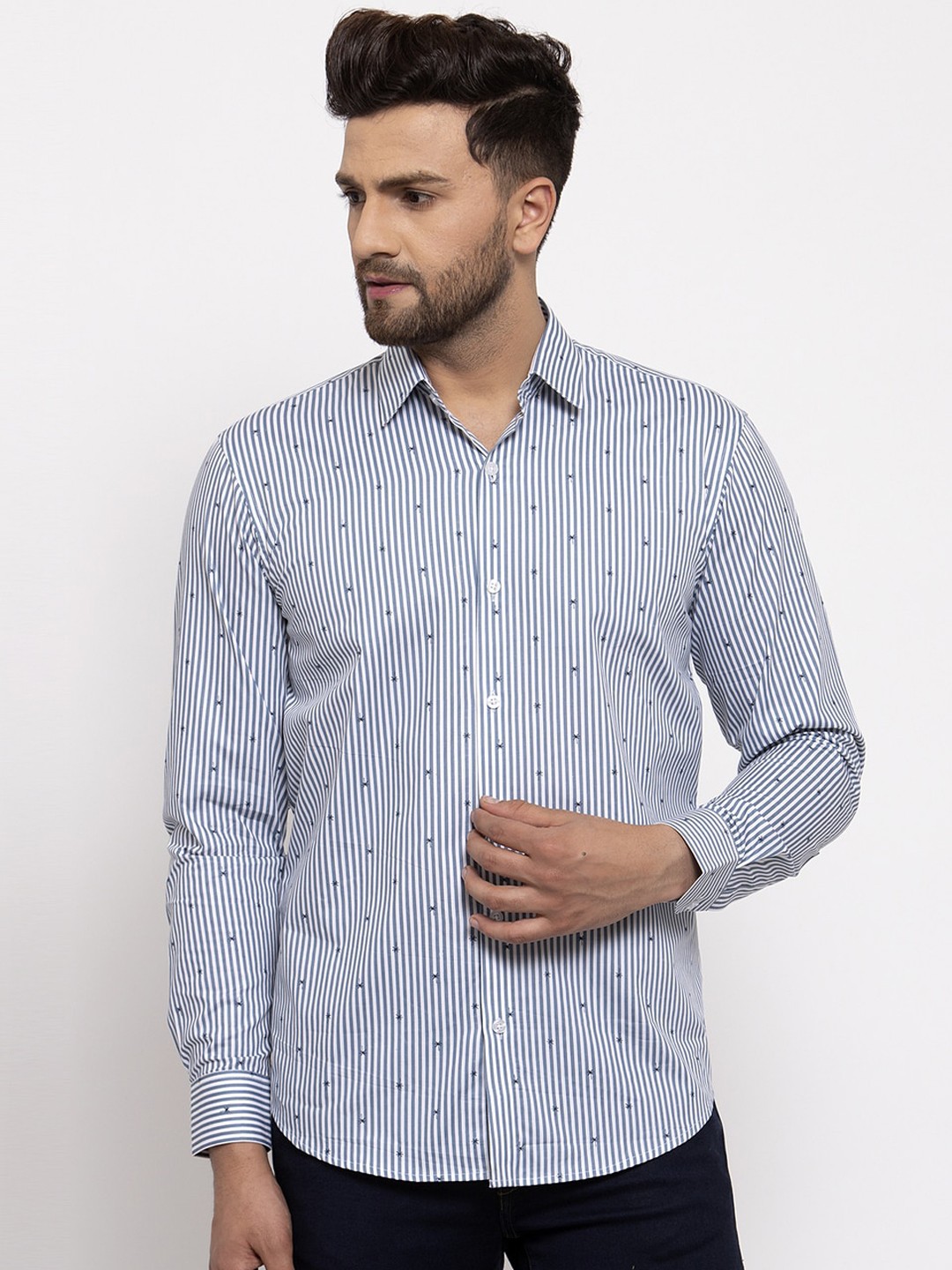 

JAINISH Men Grey & White Regular Fit Striped Casual Shirt