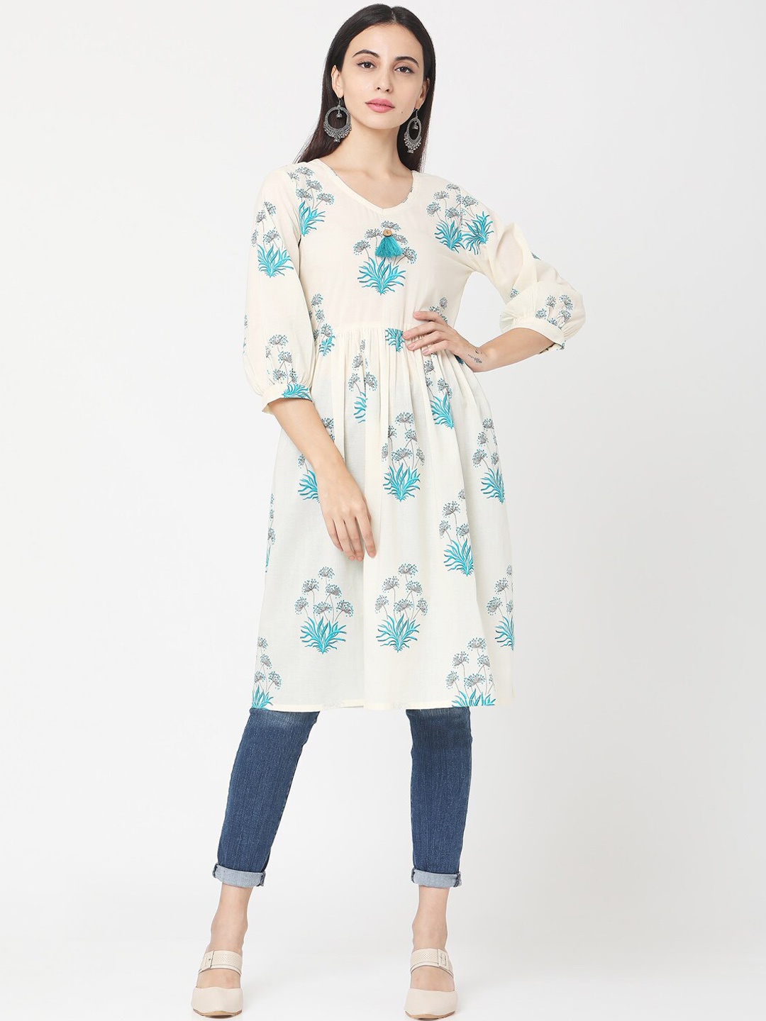 

Saanjh Women Off-White & Blue Printed A-Line Kurta