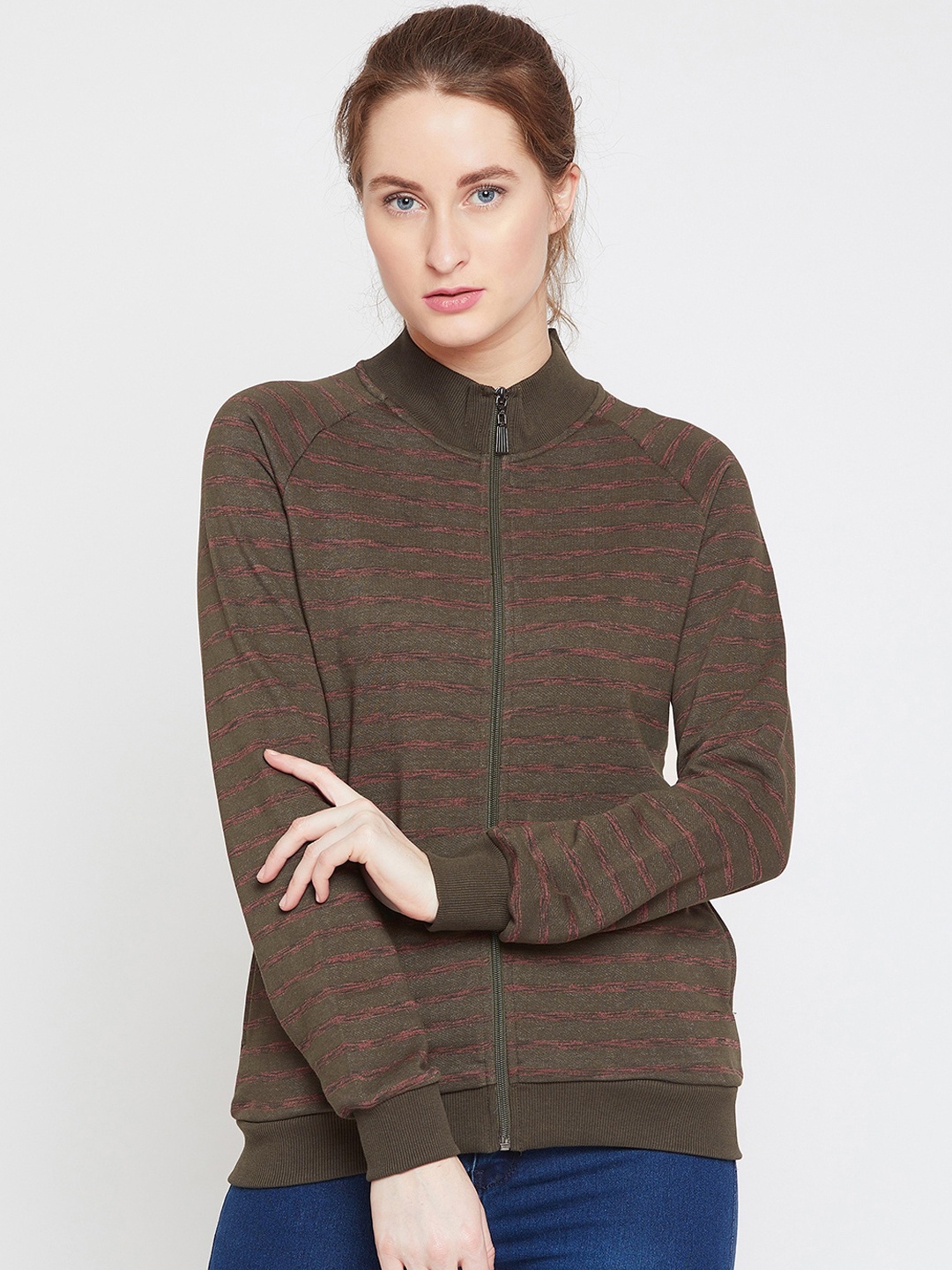 

Carlton London Women Olive Green & Peach-Coloured Striped Sweatshirt