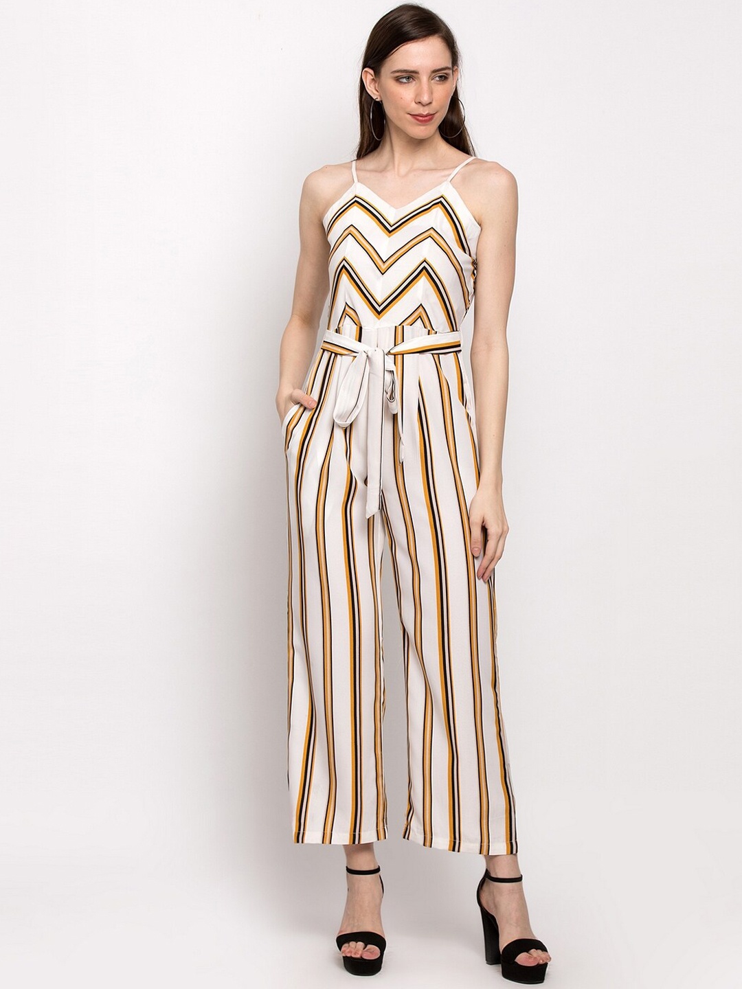 

Slenor Women Off-White & Orange Striped Basic Jumpsuit