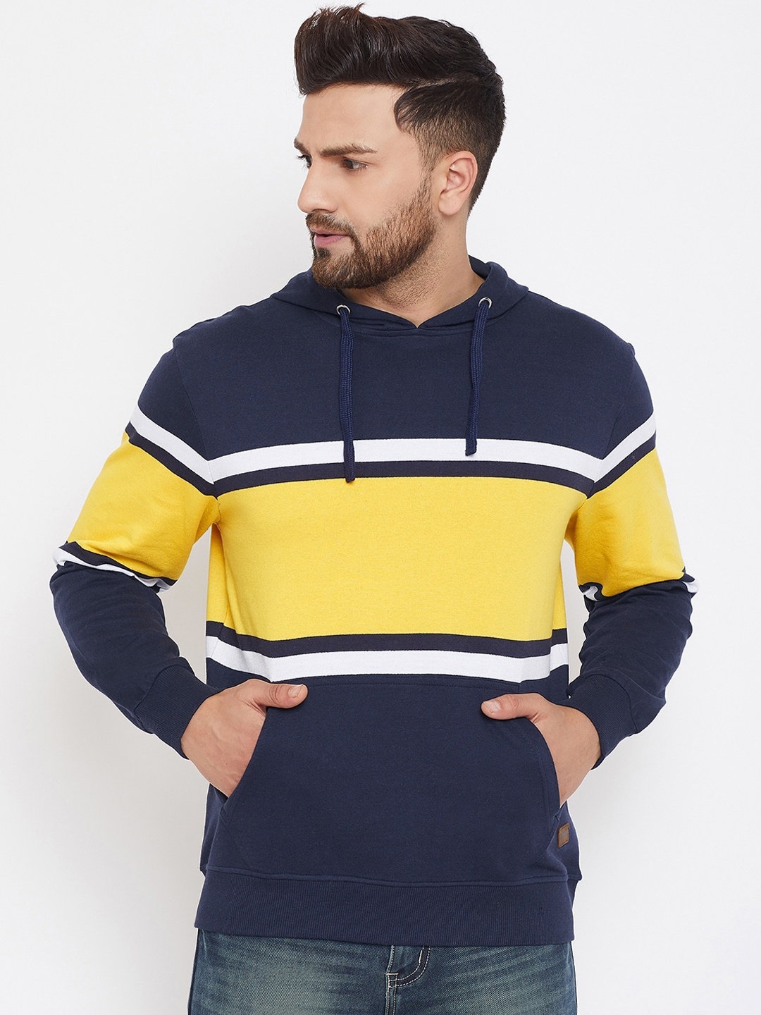 

Austin wood Men Navy Blue & Yellow Colourblocked Sweatshirt