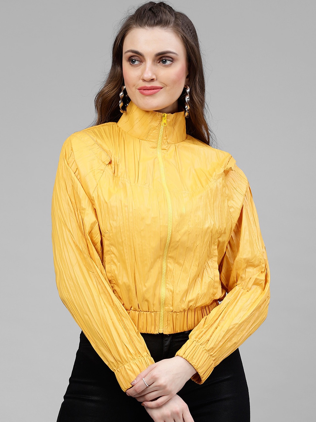 KASSUALLY Women Mustard Striped Lightweight Bomber