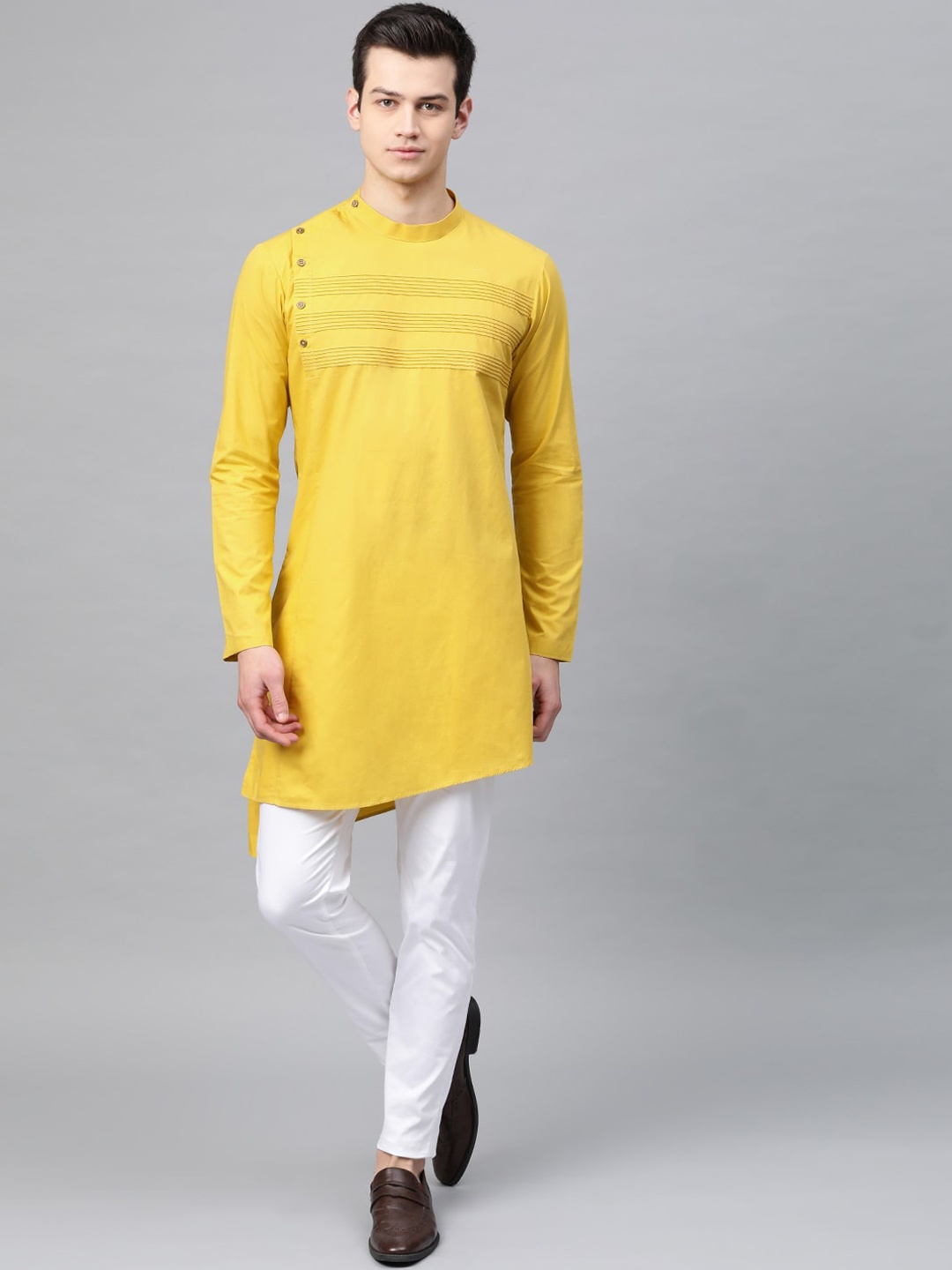 

See Designs Men Mustard Yellow & White Striped Kurta with Churidar