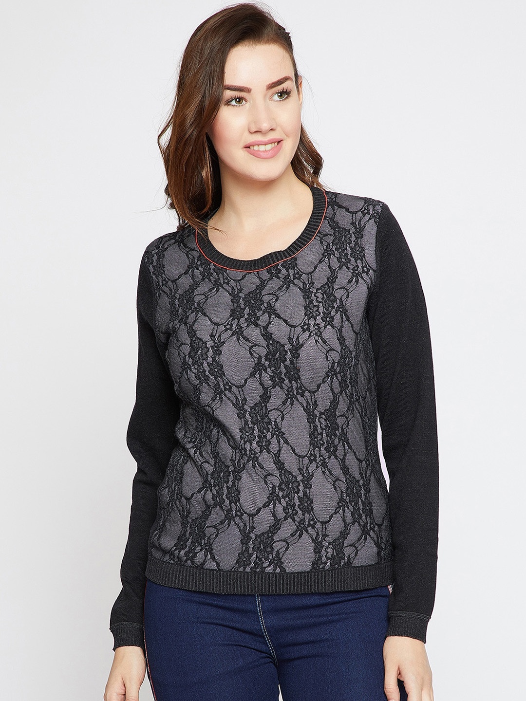 

Carlton London Women Black Self Design Pullover Sweater