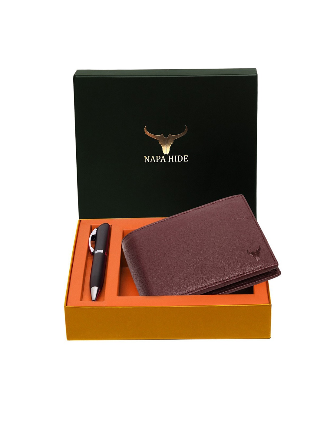 

NAPA HIDE Men RFID Protected Genuine High Quality Leather Wallet & Pen Accessory Gift Set, Maroon