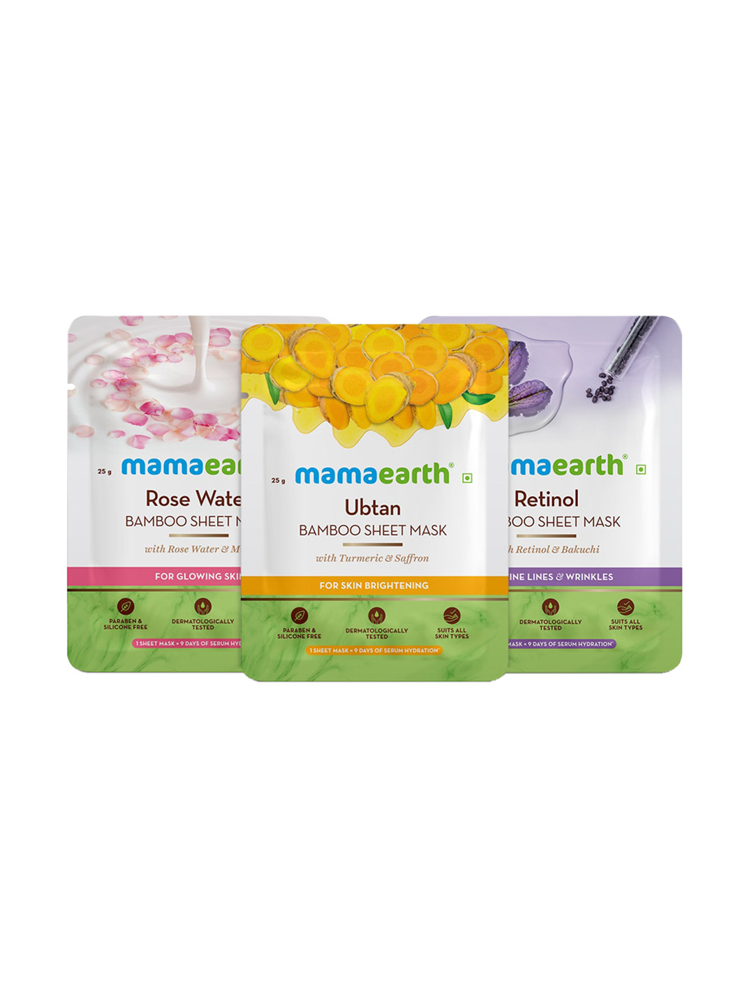 

Mamaearth Unisex Set Of 3 Ubtan With Rose Water & Retinol Bamboo Sheet Masks 75g, Multi