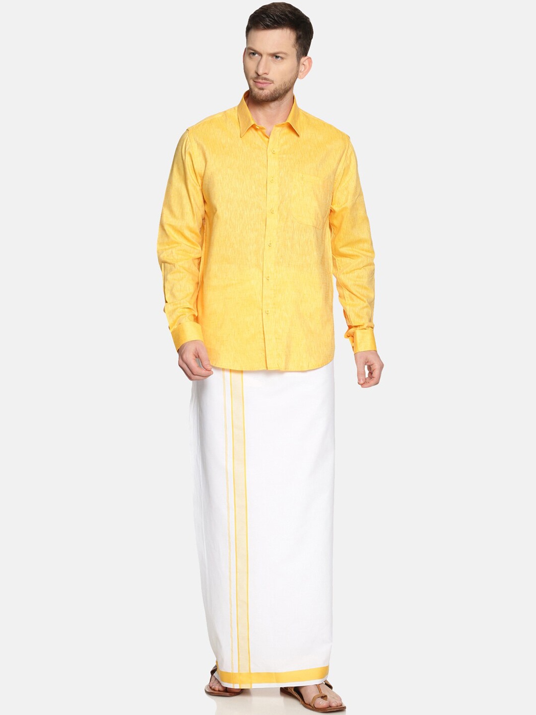 

Ramraj Men Pure Cotton Solid Shirt & Dhoti Set, Yellow