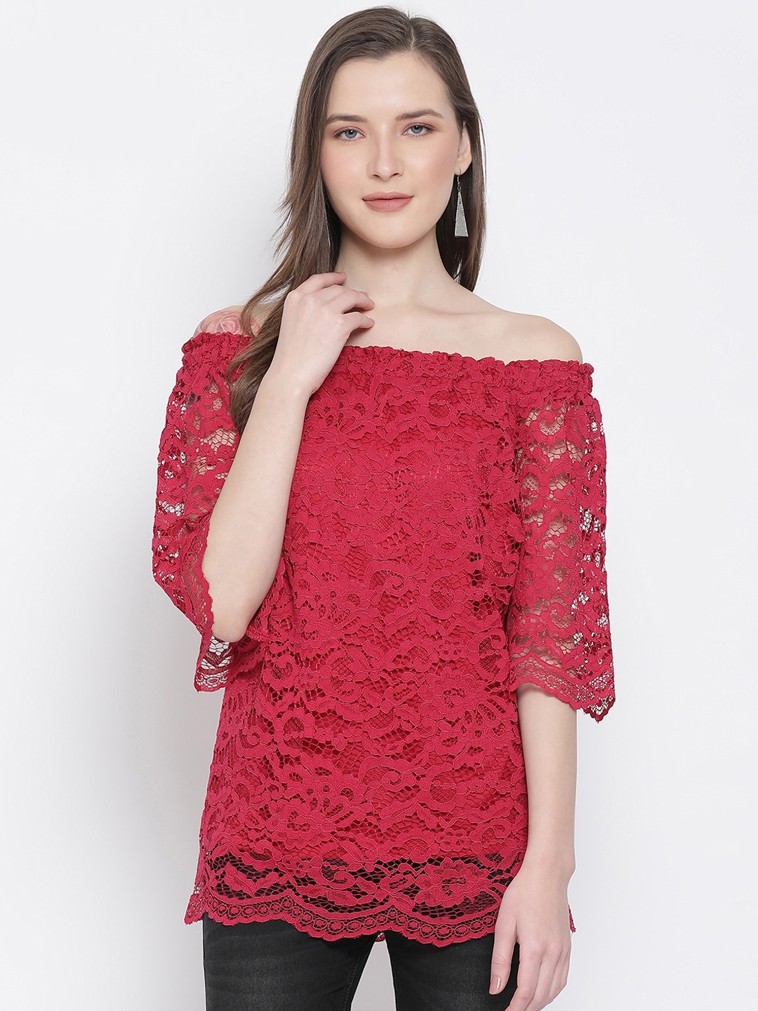 

Oxolloxo Women Red Self Design Bardot Top
