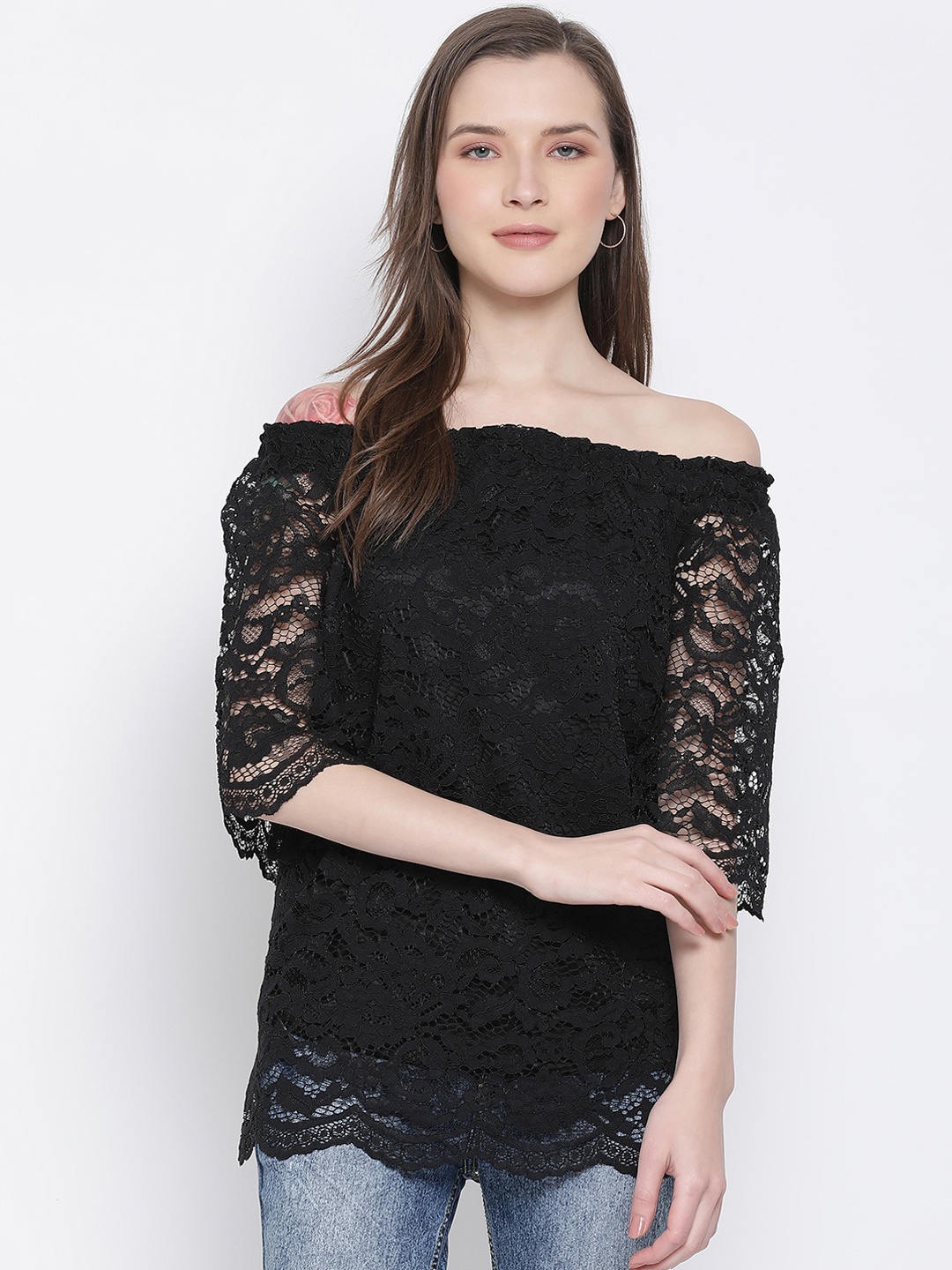 

Oxolloxo Women Black Self Design Bardot Top