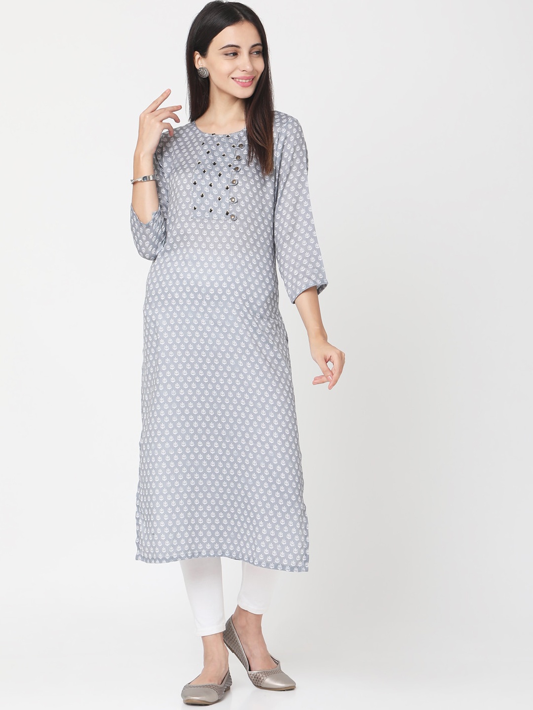 Saanjh Women Grey Printed Straight Kurta