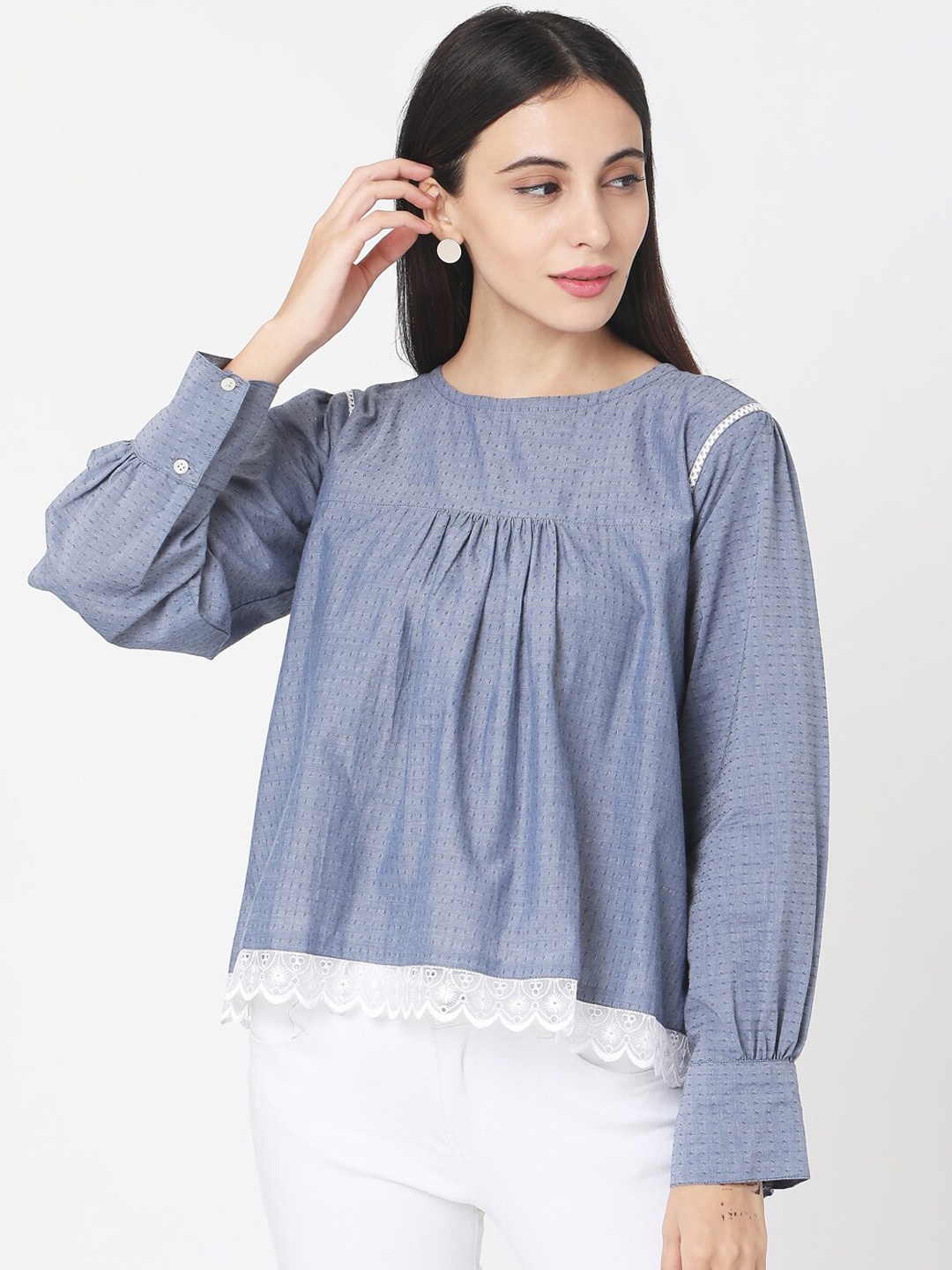 

Saanjh Women Blue Self Design A-Line Top