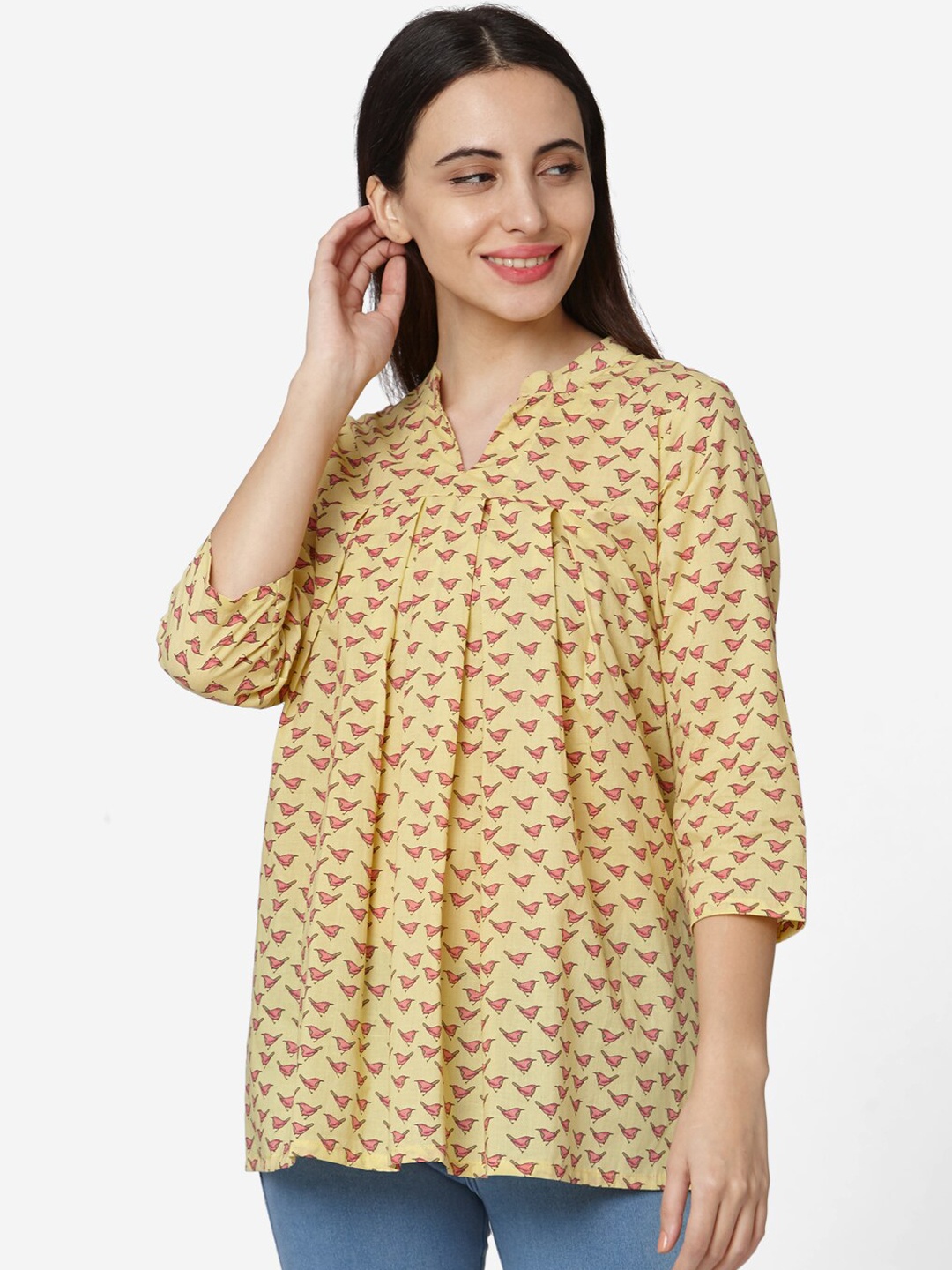 

Saanjh Women's Yellow & Pink Printed Tunic