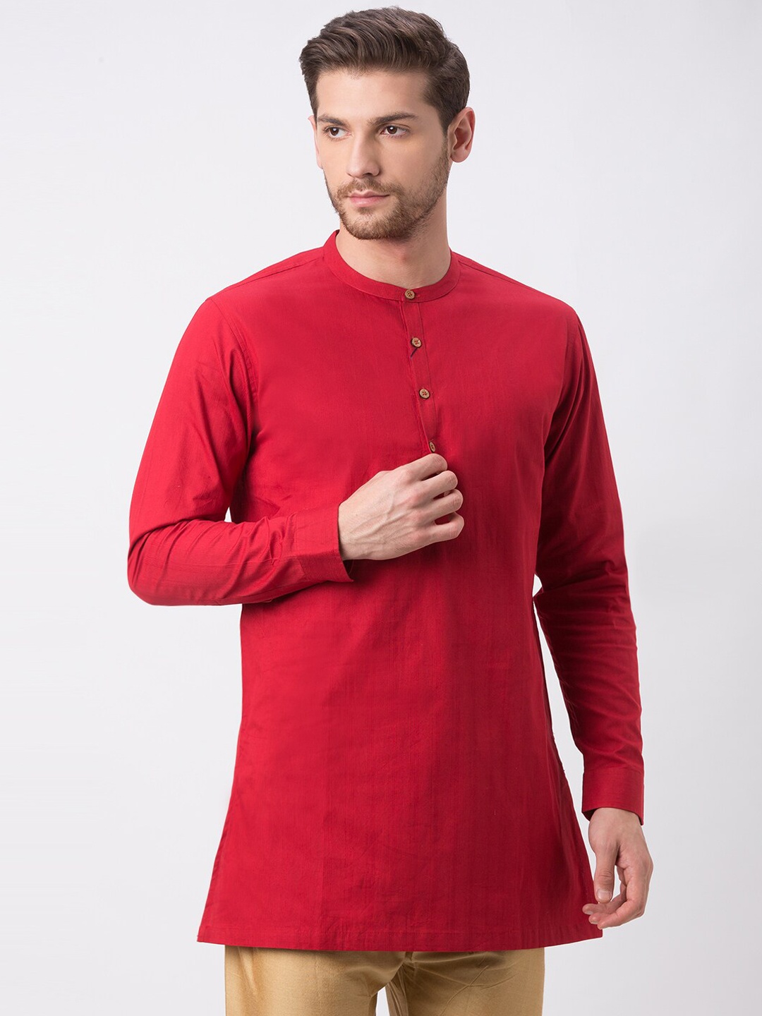 Ethnicity Men Red Solid Straight Kurta