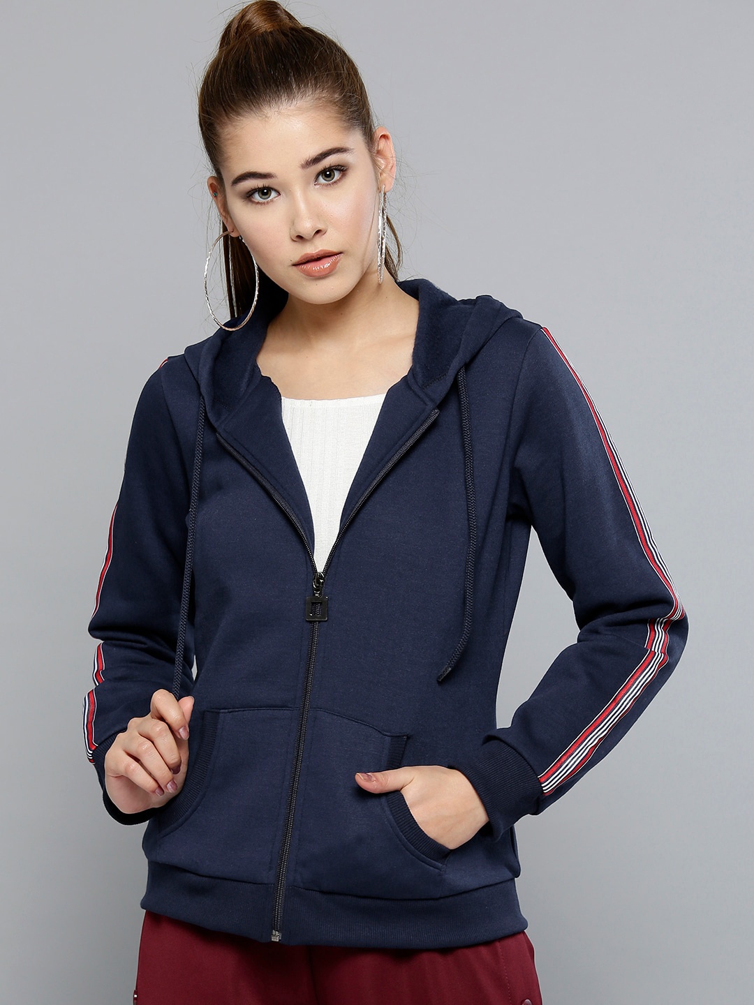 Carlton London Women Navy Blue Solid Hooded Sweatshirt