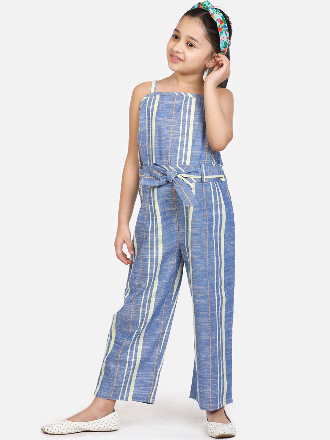 

LilPicks Girls Blue & Off-White Striped Basic Jumpsuit