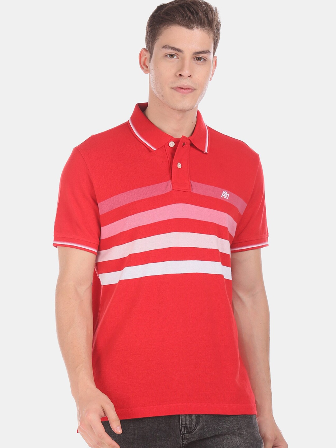 

Aeropostale Men Red Striped Hood T-shirt