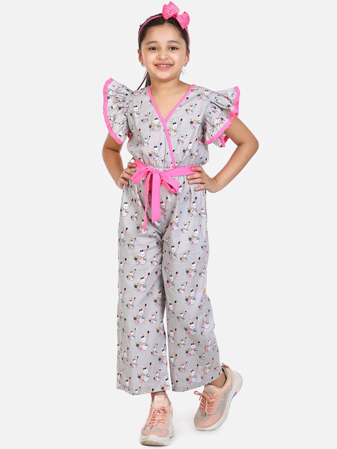 

LilPicks Girls Grey & Pink Printed Basic Jumpsuit