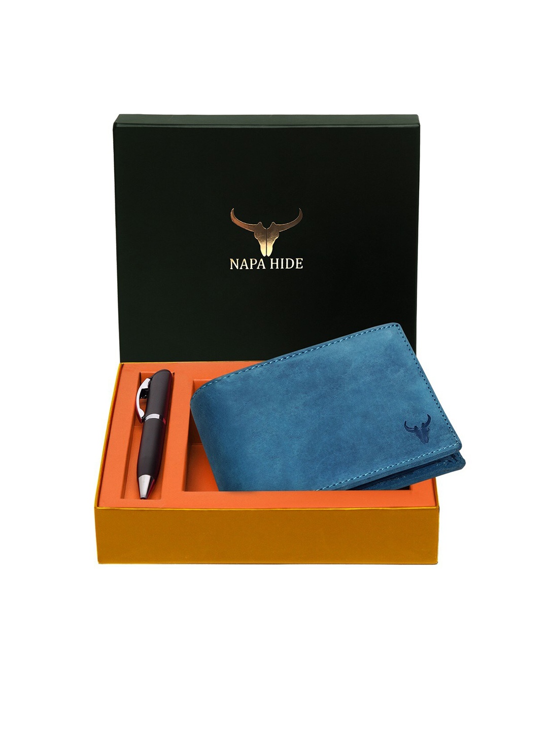 

NAPA HIDE Men RFID Protected Genuine High Quality Leather Wallet & Pen Accessory Gift Set, Blue