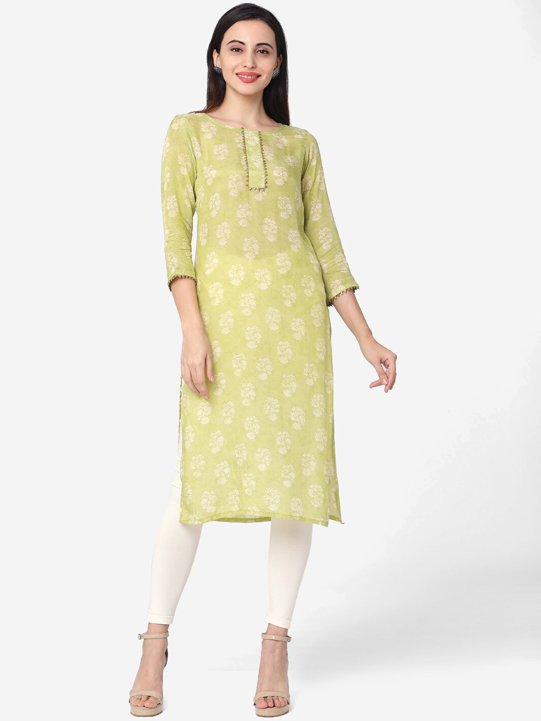 

Saanjh Women Green & Off-White Printed A-Line Kurta