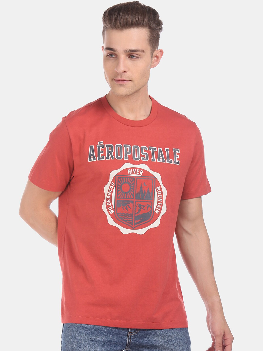 

Aeropostale Men Red Printed Cotton Round Neck Pure Cotton T-shirt