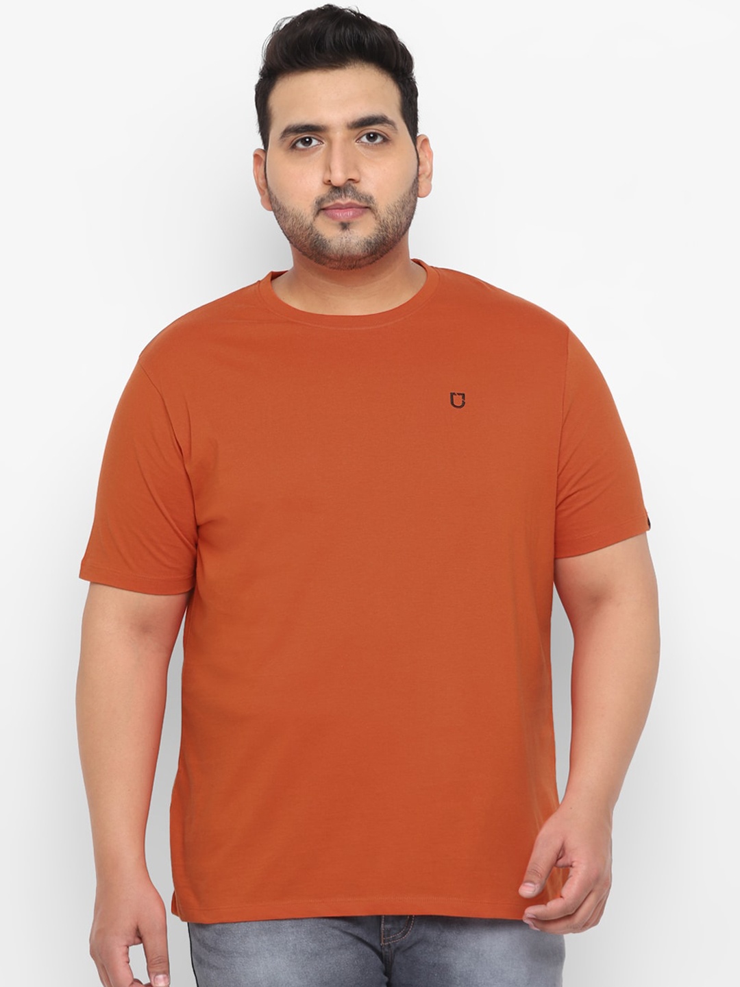 

Urbano Plus Men Rust Orange Solid Round Neck Pure Cotton T-shirt
