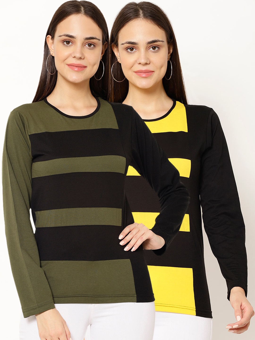 

VIMAL JONNEY Women Pack Of 2 Striped T-shirt, Green