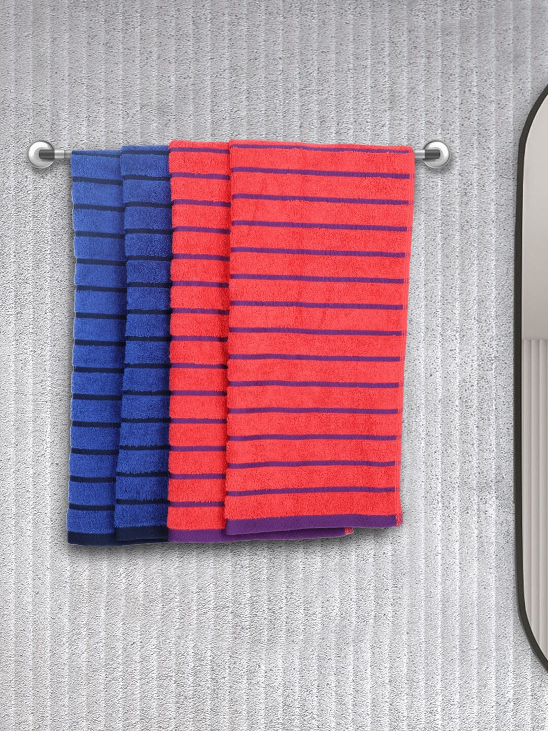 

BIANCA Unisex Set Of 4 Red & Blue Striped 450 GSM Quick Dry Hand Towel Set