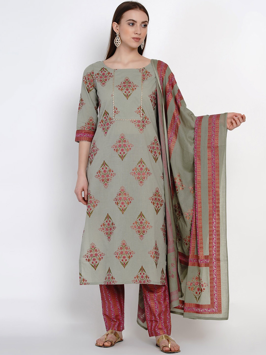 

Yuris Women Green & Pink Printed Kurta with Palazzos & Dupatta